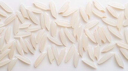 Obraz premium Close-up of basmati rice grains arranged in a linear pattern on a white background, focusing on their long, slender shape and polished finish, no people.