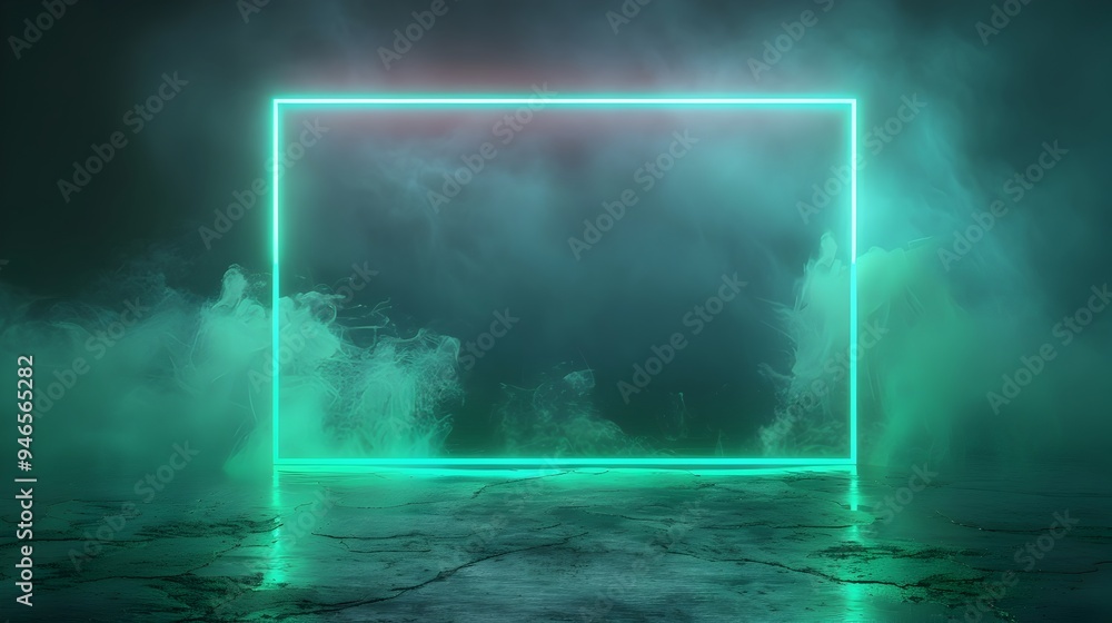 Poster sleek neon rectangular frame on moody black background for product showcase