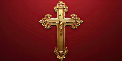 An ornate gold cross against a deep red background, symbolizing the sacrifices and passion of Jesus Christ.