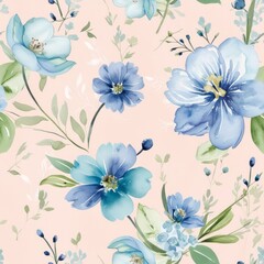 Obraz premium Vintage-inspired watercolor floral print with blue flowers and a soft beige background, timeless 