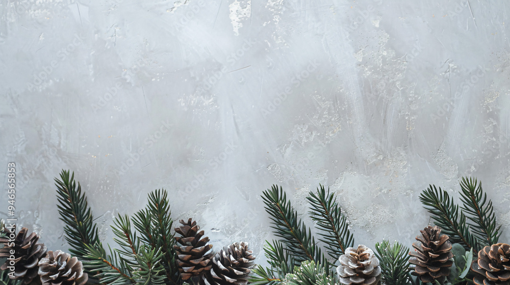 Poster Christmas fir tree branches and pine cones forming a bottom border on a grey background with copy space
