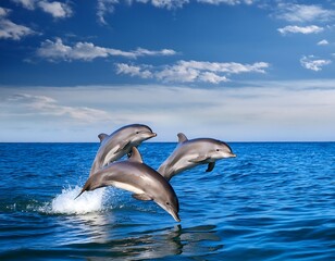 Obraz premium dolphins jumping water poster copy space