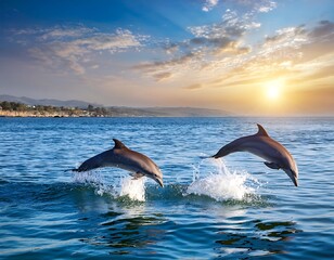 Fototapeta premium dolphins jumping water poster copy space