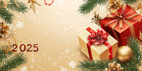 Elegante Festtagskarte: Weihnachts- und Neujahrsgrüße 2025. Stilvolle Gestaltung mit festlichen Motiven. Goldene Schrift, winterliche Dekoration. Warm und einladend. Perfekt zum Versenden