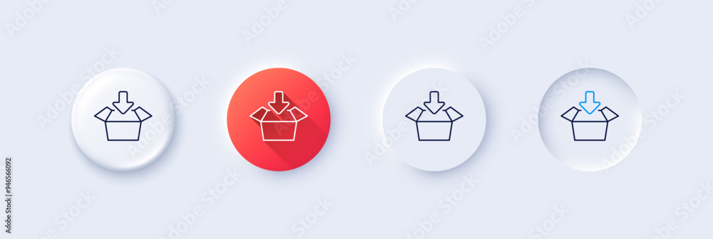 Poster get box line icon. neumorphic, red gradient, 3d pin buttons. open delivery parcel sign. cargo packag