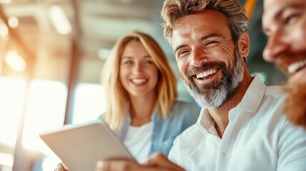 A group, comprising a man and two women, joyfully uses a tablet in a bright, modern office space, showcasing teamwork, communication, and positivity in a professional setting.