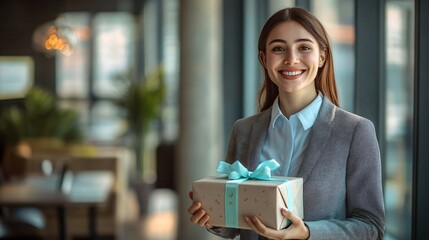 Fototapeta premium A happy woman in a business suit, holding a present box with a ribbon, standing in a modern office with large windows