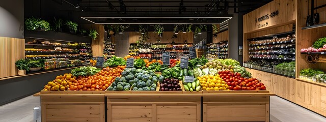 Fruit and vegetable display in organic grocery store with wooden boxes of fresh produce, fruit trees, greenery, interior design of modern grocery shop, architecture photography, warm lighting