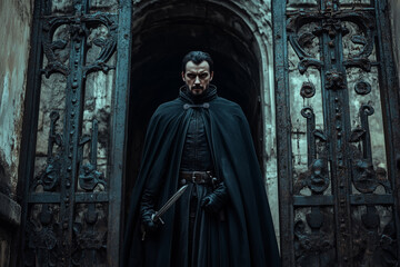 Naklejka premium A solitary vampire stands guard at the ancient city gates during the twilight hours, embodying an eerie presence