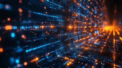 Fototapeta premium Holograms demonstrate secure data transmission in a digital landscape filled with vibrant blue and orange light patterns, highlighting technology's potential.