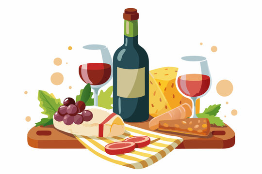 wine, cheese, grapes, and food on a board clip art preview