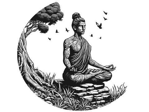 recommend clip art: Buddha in Meditation Pose with Tree and Birds in Black and White. Vector, generative ai.