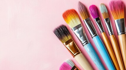 Vibrant paintbrushes arranged on a soft pink surface, capturing the essence of an art supply store, drawing academy, or personal artistic pursuit.