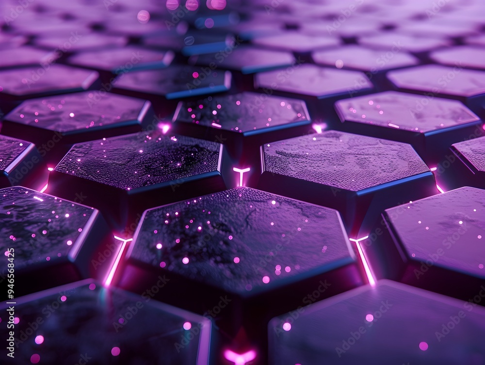 Poster alluring neon purple hexagonal grid in moody dark backdrop for futuristic product display