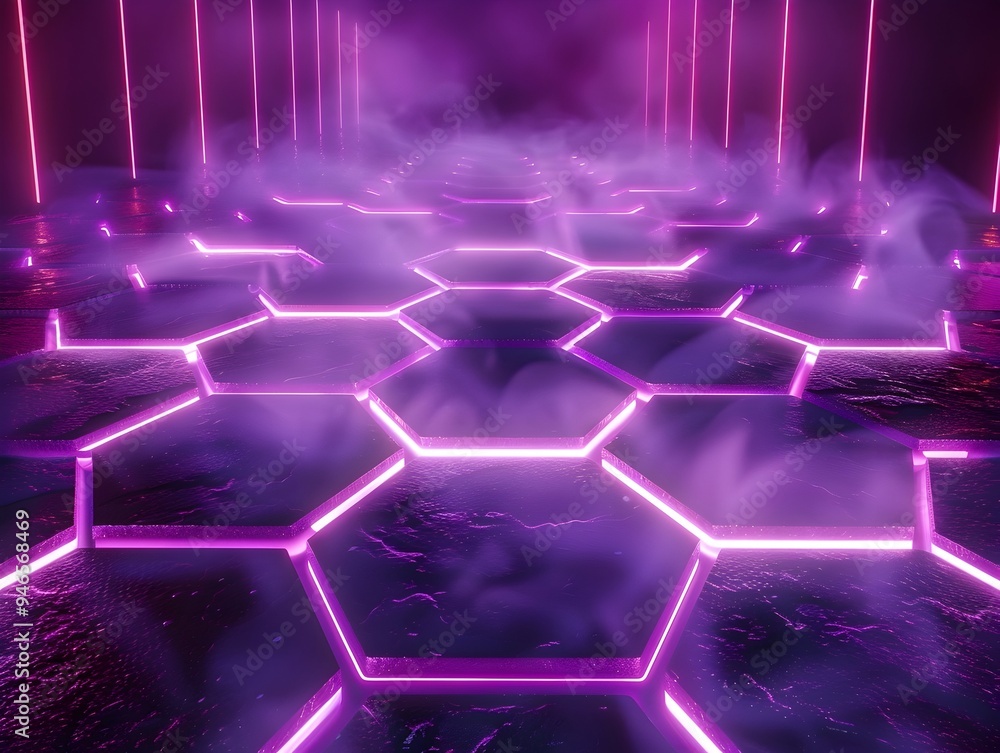 Poster glowing neon hexagon grid on dark backdrop creating high tech and modern visual concept with ample c