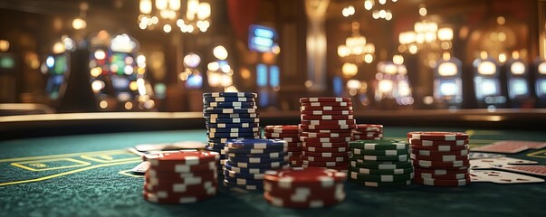Casino scene with multiple table games, poker chips, and cards in play, capturing the lively casino environment in 3D