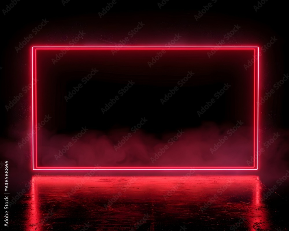 Poster glowing red neon rectangular frame on dark background for product concept display