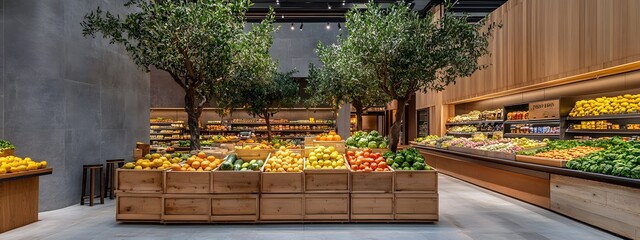 Fruit and vegetable display in organic grocery store with wooden boxes of fresh produce, fruit trees, greenery, interior design of modern grocery shop, architecture photography, warm lighting