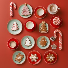 Creative Christmas-themed flat lay with gingerbread cookies, coffee cups and candies. Festive and vibrant with red background.