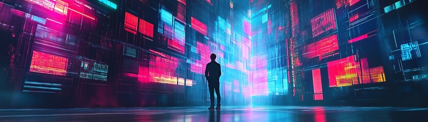 Fototapeta premium A silhouette stands in a vibrant digital environment filled with colorful data displays.