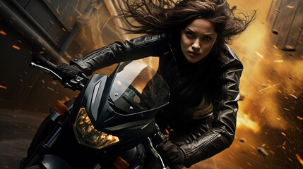 Action shot with woman on the bike riding away from fire and explosion. Dynamic scene in action movie blockbuster style.