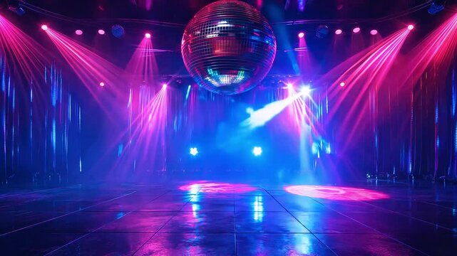 Scene in dynamically pulsating neon lights and spotlights with disco ball