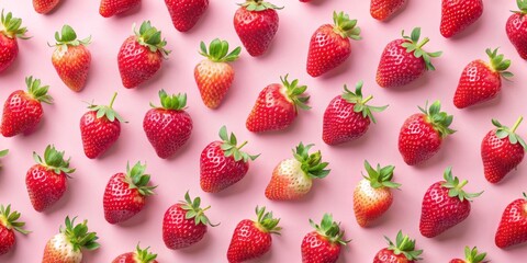 A Pattern of Ripe Strawberries on a Pink Background, flat lay, vibrant, summer fruit, strawberry pattern, red, pink