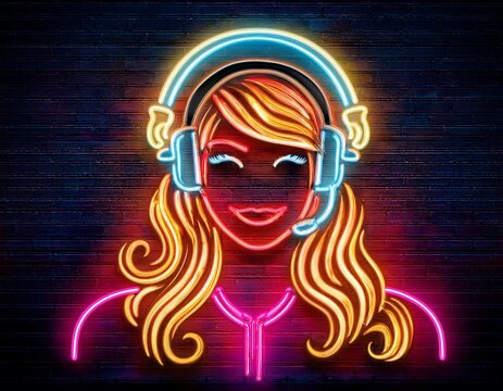 vector realistic isolated neon sign dj logo headset decoration covering wall background concept music radio live concert