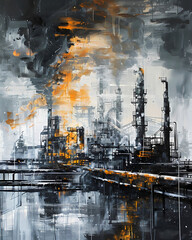 Abstract Vibrant Painting of an Industrial Oil Refinery with Towering Structures and Pipelines, Bold Colors and Dynamic Brushstrokes Depicting Energy and Complexity