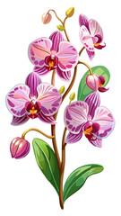 Elegant Pink Orchid Illustration with Lush Green Leaves - A detailed illustration of a pink orchid with lush green leaves. Perfect for botanical designs, nature themes, and floral art enthusiasts.