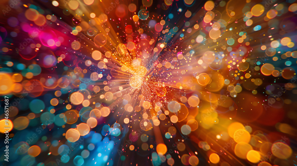 Poster Colorful background with glowing bokeh and light trails radiating from the center