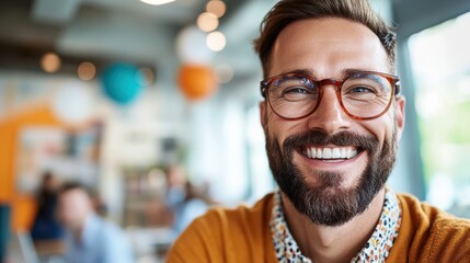 A man with a beard and glasses smiles at the camera, sporting an orange shirt and standing in a vibrant place filled with colorful balloons and a cheerful ambiance.
