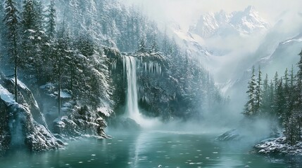 Winter Wonderland: Waterfall and Frozen Lake