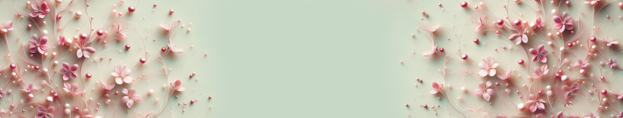 Pink small flowers on a light green background. Copy space. Banner. Congratulation. Generated AI