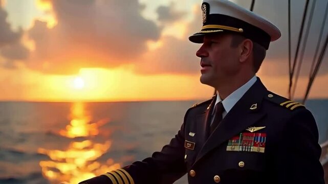 Captain in Uniform Looking at Sunset at Sea