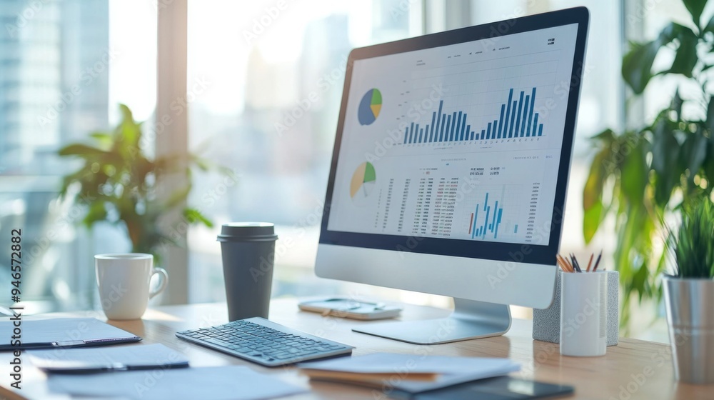 Poster a modern office desk with a computer screen displaying detailed financial graphs and charts, surroun
