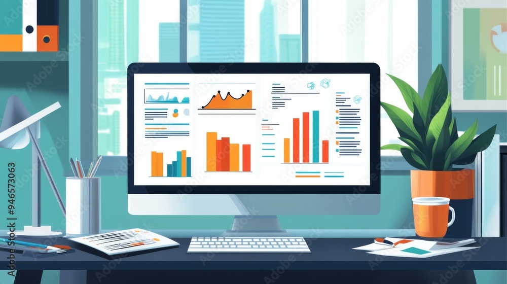 Poster A modern office desk with a computer screen displaying detailed financial graphs and charts, surrounded by documents and a cup of coffee, illustrating a work environment.