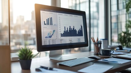 A modern office desk with a computer screen displaying detailed financial graphs and charts, surrounded by documents and a cup of coffee, illustrating a work environment.