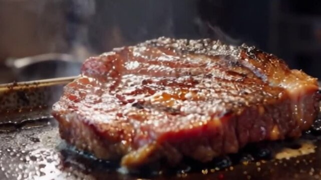 Juicy beef steak is fried on fire coals on iron grill on dark background in flame of smoke. Barbecue in evening, chef turns meat on grill with tongs. lamb chops on the grill