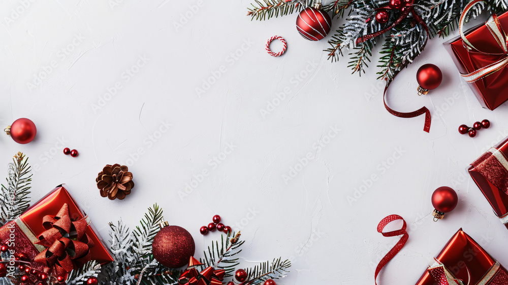 Poster christmas background with red gift boxes and ornaments framing a white table with copy space