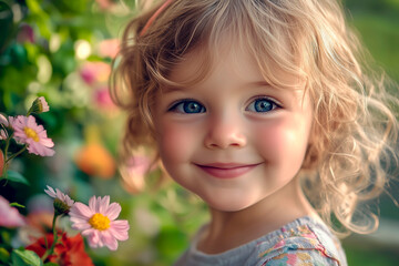 Smiling young girl with blonde curly hair standing near blooming flowers in a garden, with a soft, natural background