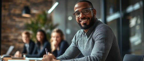 Office leader facilitating a productive team meeting with emphasis on strategic thinking and leadership skills