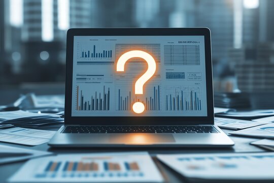 A laptop displays analytical charts and a question mark, symbolizing data inquiry and the quest for answers in business.