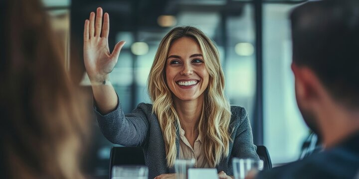 Businesswoman giving a high five to a colleague in meeting, Generative AI