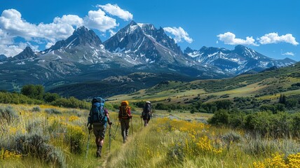 Fototapeta premium Backpackers Hiking Through Scenic Mountain Landscapes.