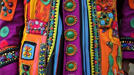 A vibrant, intricately designed garment showcasing colorful embroidery and decorative elements.