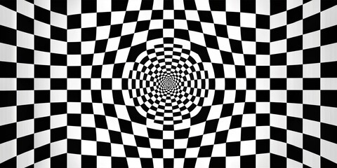 Checkered Vortex - Black and White Distorted Pattern, optical illusion, abstract art, geometric design