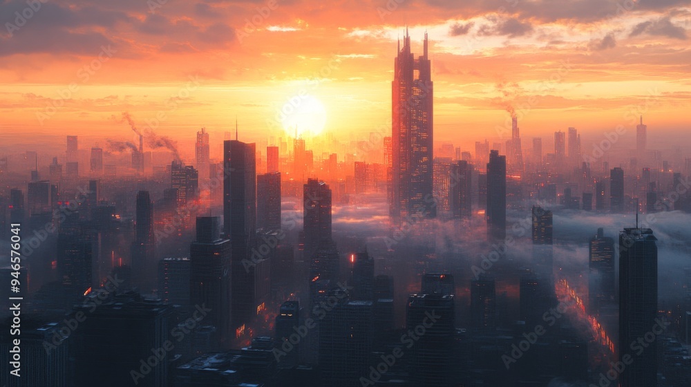 Poster a panoramic view of a city at dawn, with the sun just peeking through the gaps between towering buil
