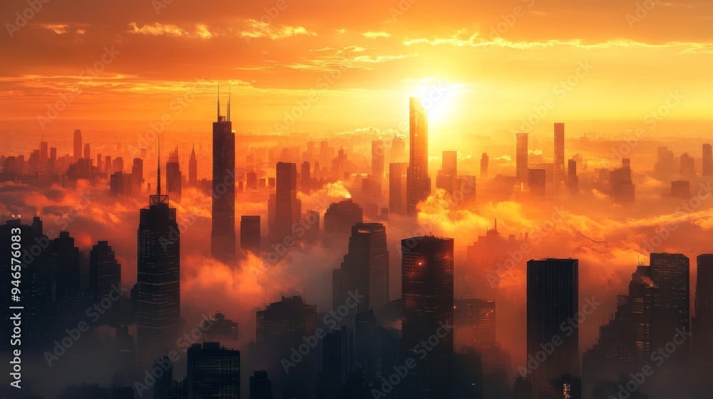 Poster a panoramic view of a city at dawn, with the sun just peeking through the gaps between towering buil