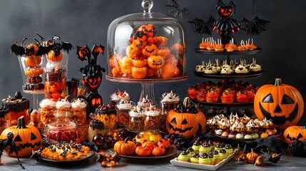 A vibrant selection of Halloween treats in playful arrangements with spooky dÃ©cor enhancing the scene